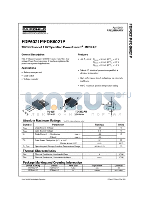 FDB6021P datasheet - 20V P-Channel 1.8V Specified PowerTrench MOSFET