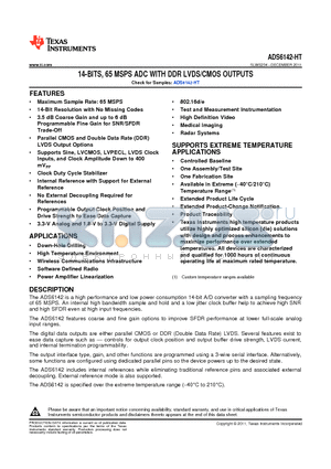 ADS6142-HT datasheet - 14-BITS, 65 MSPS ADC WITH DDR LVDS/CMOS OUTPUTS