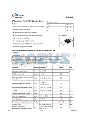 IDH04S60C datasheet - 2ndGeneration thinQ!TM SiC Schottky Diode