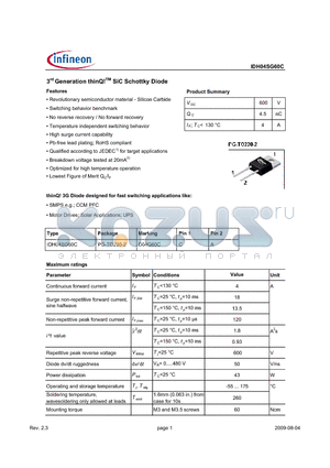 IDH04SG60C datasheet - 3rd Generation thinQ!TM SiC Schottky Diode