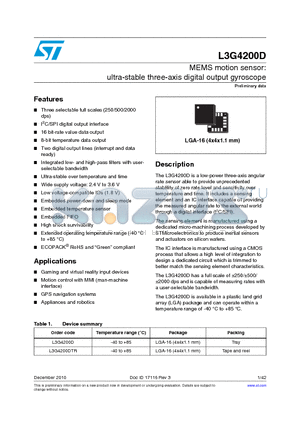 L3G4200D datasheet - MEMS motion sensor: ultra-stable three-axis digital output gyroscope