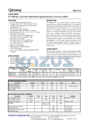 GBM-9000F datasheet - 5V / 850 nm / 2.125 Gb/s Multi-Mode Gigabit Interface Converter (GBIC)