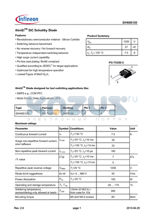 IDH08S120 datasheet - thinQ SiC Schottky Diode