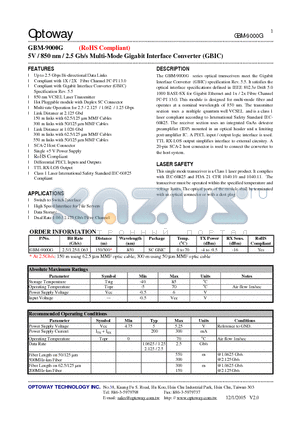 GBM-9000G datasheet - 5V / 850 nm / 2.5 Gb/s Multi-Mode Gigabit Interface Converter (GBIC)