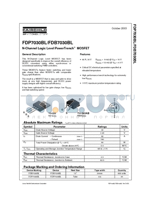 FDB7030BL datasheet - N-Channel Logic Level PowerTrenchTM MOSFET