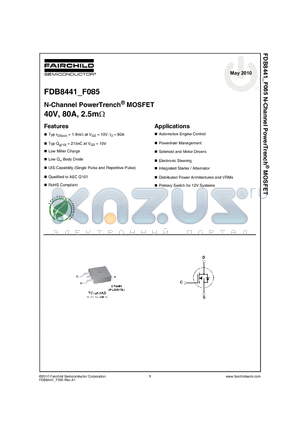 FDB8441_10 datasheet - N-Channel PowerTrench^ MOSFET 40V, 80A, 2.5mY