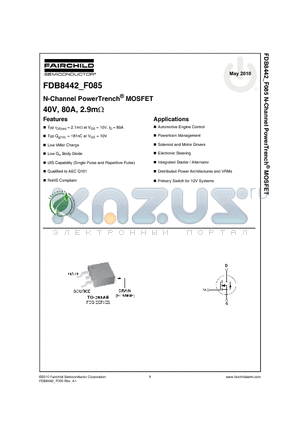 FDB8442_10 datasheet - N-Channel PowerTrench^ MOSFET 40V, 80A, 2.9mY