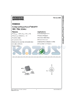FDB8444 datasheet - N-Channel PowerTrench^ MOSFET 40V, 70A, 5.5mOhm