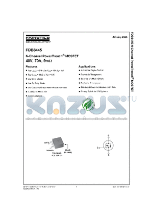 FDB8445 datasheet - N-Channel PowerTrench^ MOSFET 40V, 70A, 9mOhm