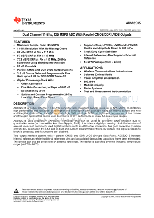 ADS62C15IRGCT datasheet - Dual Channel 11-Bits, 125 MSPS ADC With Parallel CMOS/DDR LVDS Outputs