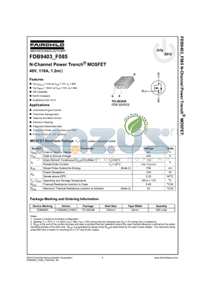 FDB9403 datasheet - N-Channel Power Trench^ MOSFET 40V, 110A, 1.2mY