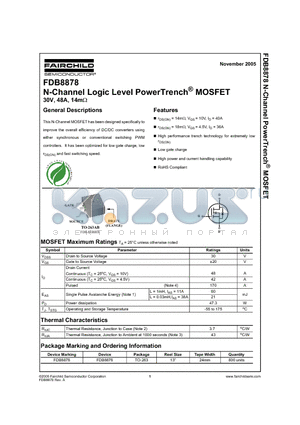 FDB8878 datasheet - N-Channel Logic Level PowerTrench^ MOSFET 30V, 48A, 14mOhm