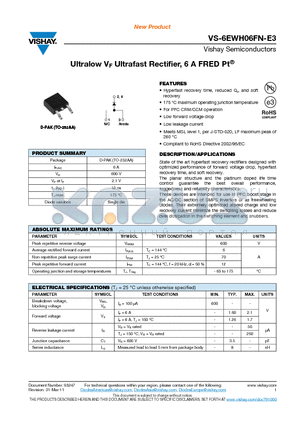 6EWH06FN-E3 datasheet - Ultralow VF Ultrafast Rectifier, 6 A FRED Pt^