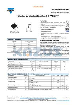 6EWH06FNTRL-M3 datasheet - Ultralow VF Ultrafast Rectifier, 6 A FRED Pt^