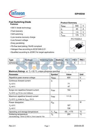IDP45E60 datasheet - Fast Switching Diode Product