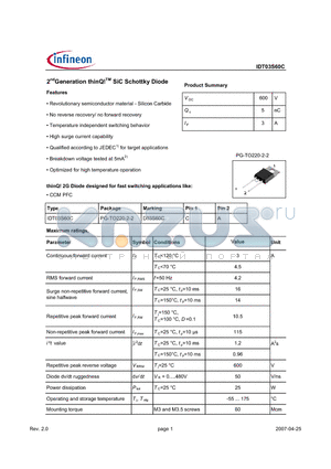IDT03S60C datasheet - 2ndGeneration thinQ!TM SiC Schottky Diode