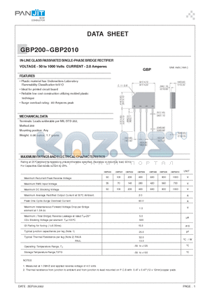 GBP2010 datasheet - IN-LINE GLASS PASSIVATED SINGLE-PHASE BRIDGE RECTIFIER(VOLTAGE - 50 to 1000 Volts CURRENT - 2.0 Amperes)