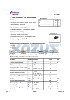IDT10S60C datasheet - 2nd Generation thinQ SiC Schottky Diode