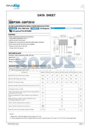 GBP300 datasheet - IN-LINE GLASS PASSIVATED SINGLE-PHASE BRIDGE RECTIFIER