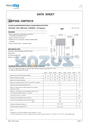 GBP301 datasheet - IN-LINE GLASS PASSIVATED SINGLE-PHASE BRIDGE RECTIFIER(VOLTAGE - 50 to 1000 Volts CURRENT - 3.0 Amperes)