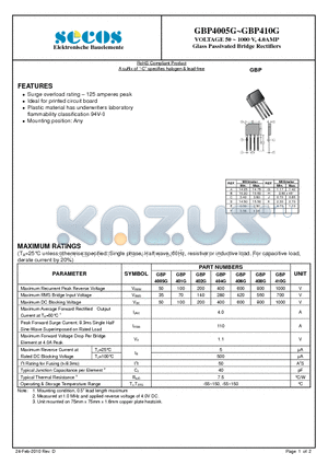 GBP406G datasheet - VOLTAGE 50 ~ 1000 V, 4.0AMP Glass Passivated Bridge Rectifiers