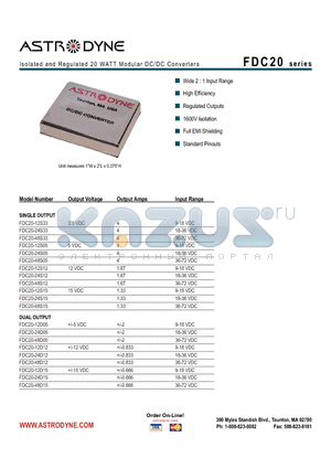 FDC20-12S33 datasheet - Isolated and Regulated 20 WATT Modular DC/DC Converters