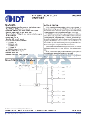 IDT2308A-1PGGI datasheet - 3.3V ZERO DELAY CLOCK MULTIPLIER