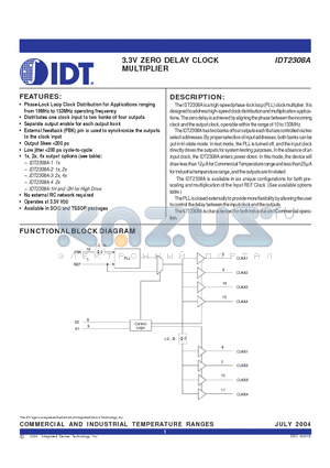 IDT2308A-2PGI datasheet - 3.3V ZERO DELAY CLOCK MULTIPLIER
