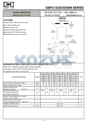 GBPC-W1508 datasheet - GLASS PASSIVATED BRIDGE RECTIFIERS