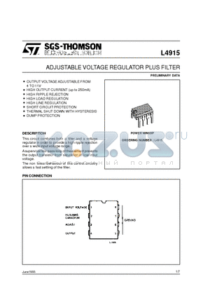 L4915 datasheet - ADJUSTABLE VOLTAGE REGULATOR PLUS FILTER