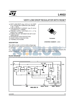 L4922 datasheet - VERY LOW DROP REGULATOR WITH RESET