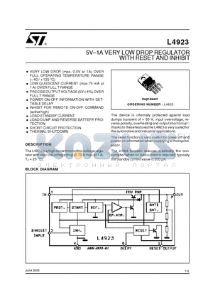 L4923 datasheet - WITH RESET AND INHIBIT 5V.1A VERY LOW DROP REGULATOR