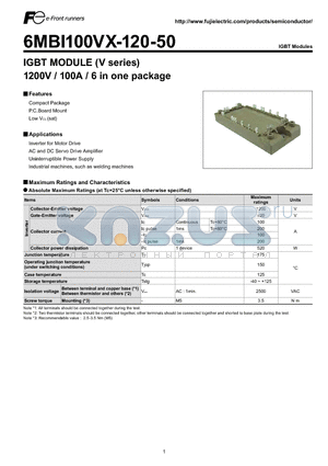 6MBI100VX-120-50 datasheet - IGBT MODULE (V series) 1200V / 100A / 6 in one package