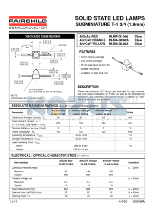 HLMP-Q106A datasheet - SOLID STATE LED LAMPS SUBMINIATURE T-1 3/4 1.9mm