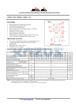 GBPC1005 datasheet - GLASS PASSIVATED SINGLE-PHASE BRIDGE RECTIFIER