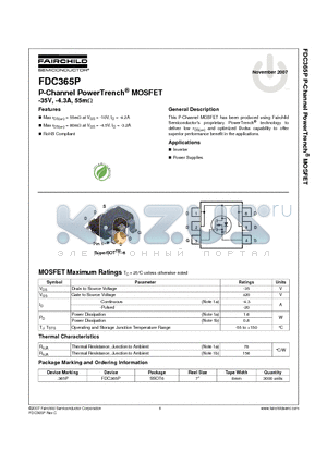 FDC365P datasheet - P-Channel PowerTrench MOSFET RoHS Compliant