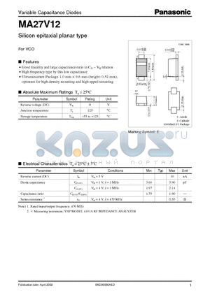 MA27V12 datasheet - Silicon epitaxial planar type For VCO