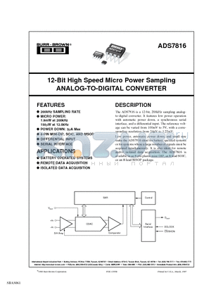 ADS7816U datasheet - 12-Bit High Speed Micro Power Sampling ANALOG-TO-DIGITAL CONVERTER