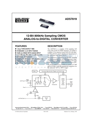 ADS7819PB datasheet - 12-Bit 800kHz Sampling CMOS ANALOG-to-DIGITAL CONVERTER