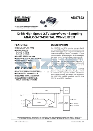 ADS7822 datasheet - 12-Bit High Speed 2.7V microPower Sampling ANALOG-TO-DIGITAL CONVERTER