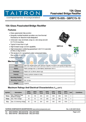 GBPC15-005 datasheet - 15A Glass Passivated Bridge Rectifier