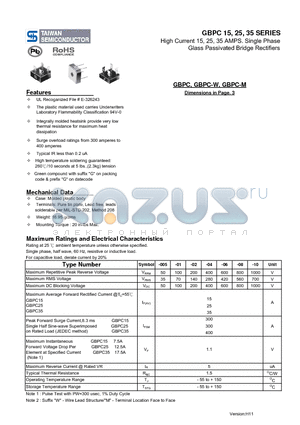 GBPC15-01 datasheet - High Current 15, 25, 35 AMPS. Single Phase Glass Passivated Bridge Rectifiers