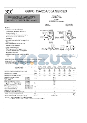 GBPC15 datasheet - HIGH CURRENT 15/25/35 AMPS. SINGLE PHASE GLASS PASSIVATED BRIDGE RECTIFIERS