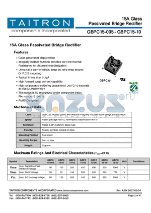 GBPC15-10 datasheet - 15A Glass Passivated Bridge Rectifier