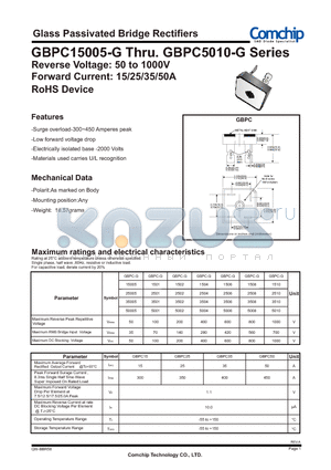 GBPC15005-G datasheet - Glass Passivated Bridge Rectifiers