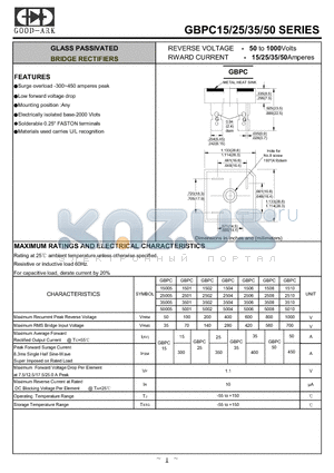 GBPC15005 datasheet - GLASS PASSIVATED BRIDGE RECTIFIERS