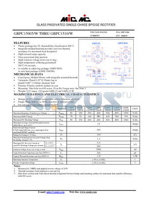 GBPC15005-W datasheet - GLASS PASSIVATED SINGLE-OHASE BPIDGE RECTIFIER