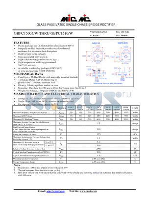 GBPC15005/W datasheet - GLASS PASSIVATED SINGLE-OHASE BPIDGE RECTIFIER