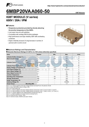 6MBP20VAA060-50 datasheet - IGBT MODULE (V series) 600V / 20A / IPM