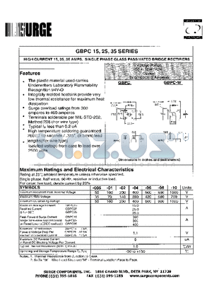 GBPC1502 datasheet - HIGH CURRENT 15,25,35,AMPS. SINGLE PHASE GLASS PASSIVATED BRIDGE RECTIFIERS